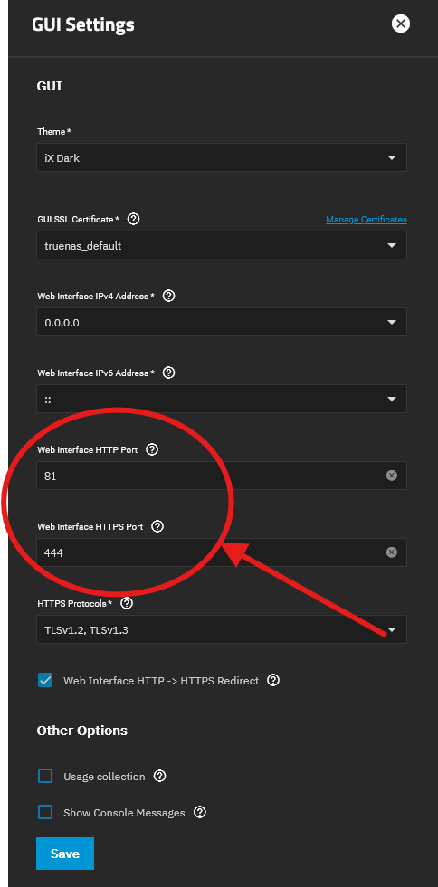 TrueNAS GUI Ports
