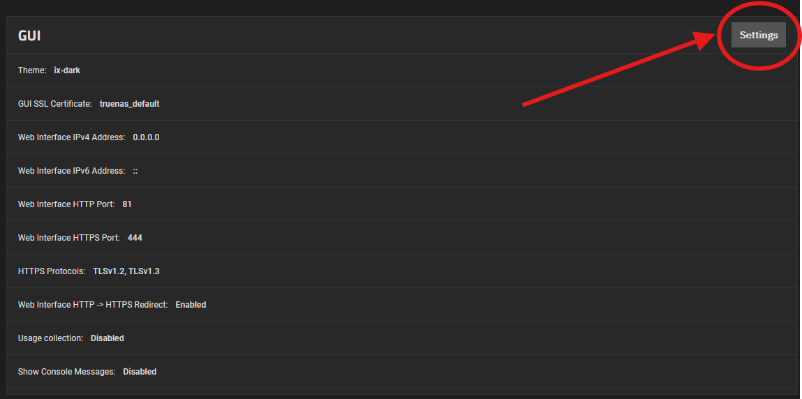 TrueNAS GUI Settings